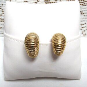 MONET Clip On EARRINGS Vintage Ribbed Gold Tone Half Hoop 1980s Costume Jewelry